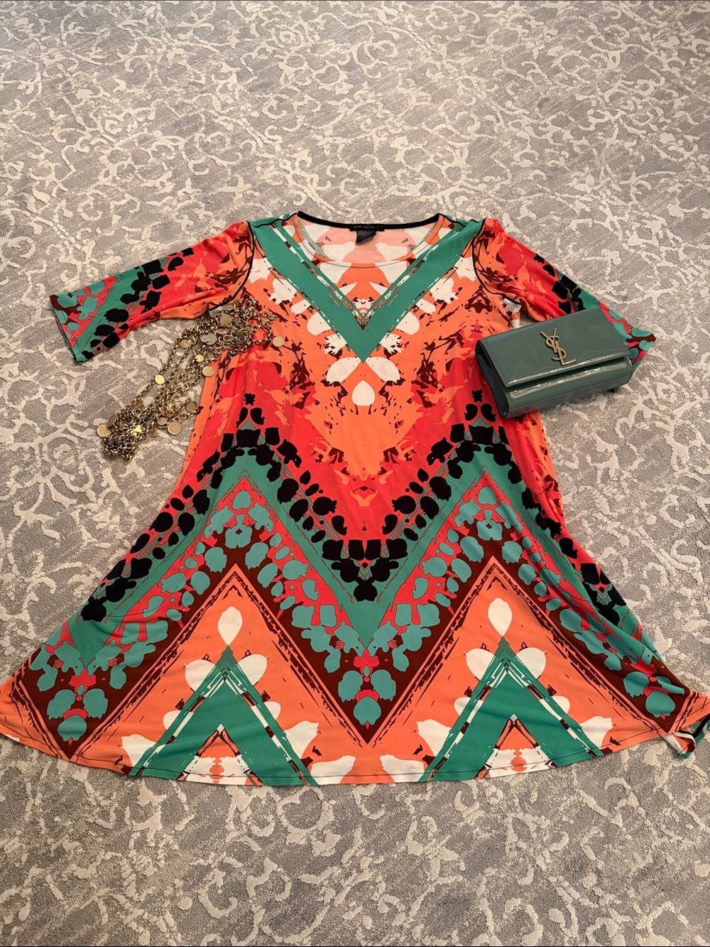 Orange & Teal V-Neck Printed Mini Dress